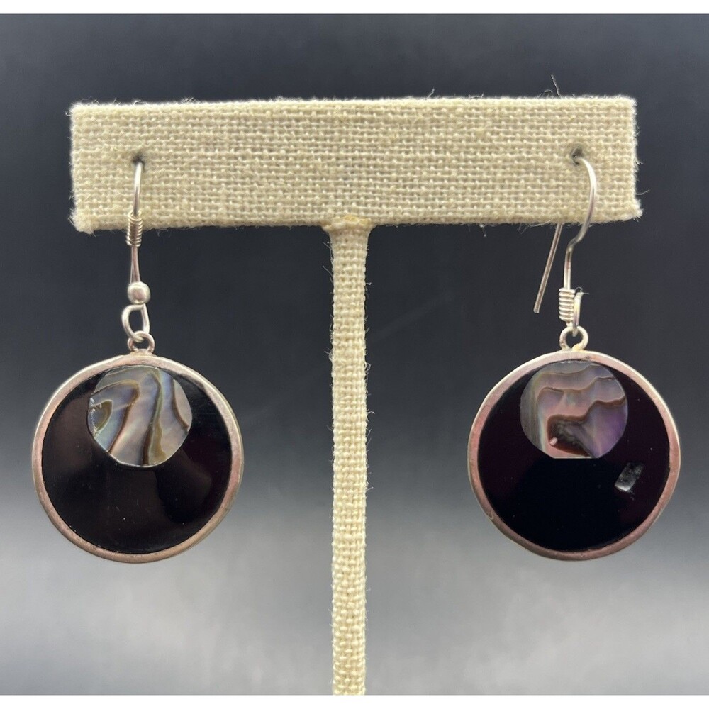 Vintage Alplaca Mexico Dangle Earrings Abalone Shell Black Onyx Lunar Moon Round
